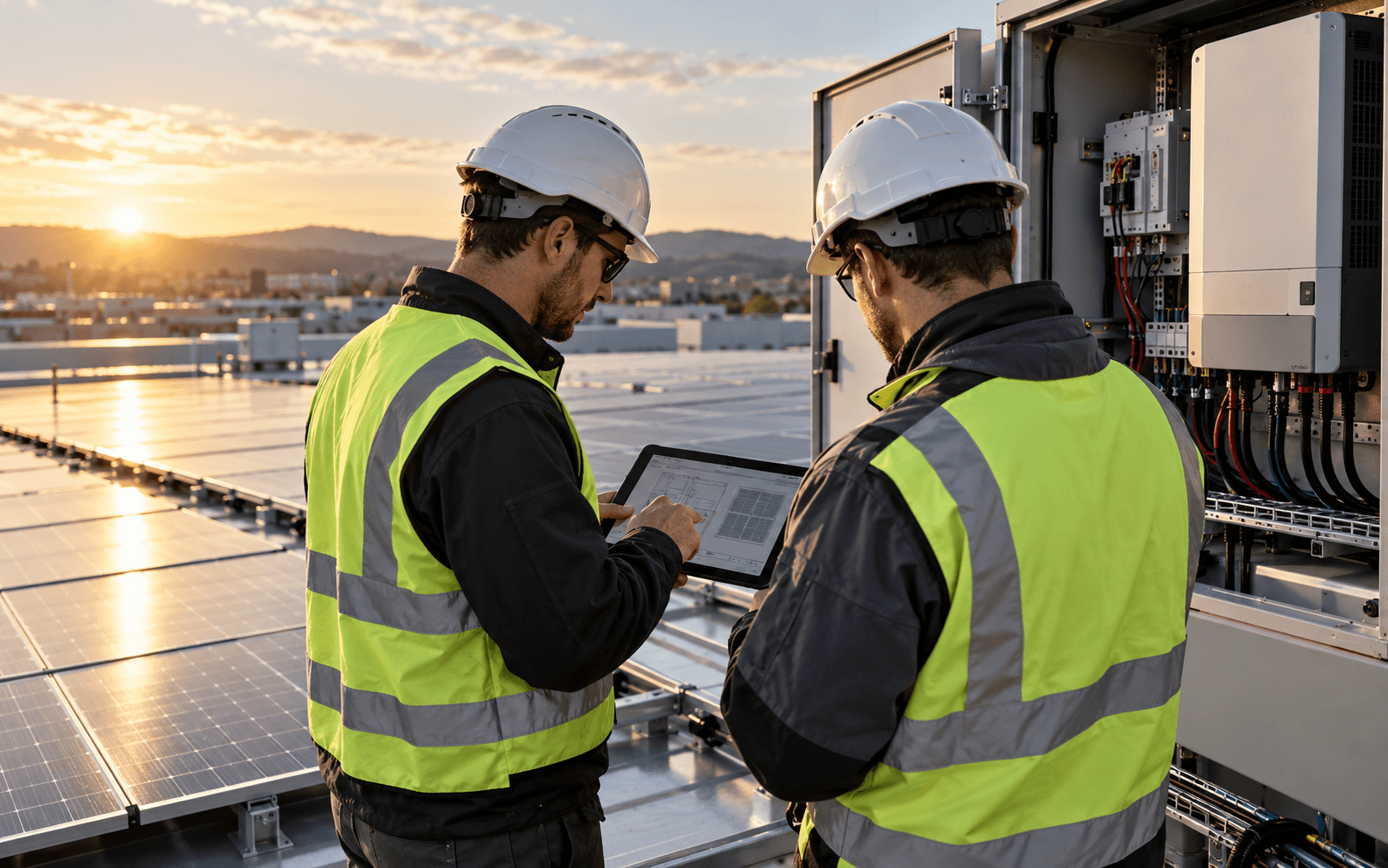 Instaladores revisando una instalación solar en un rooftop